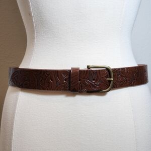 Made In Brazil Leather Tooled Western Belt Cognac Unisex size 33 or Small